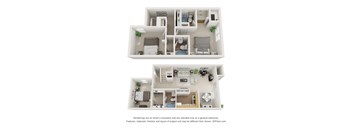 a stylized image of a 1 bedroom floor plan and a 2100 sq ft apartment