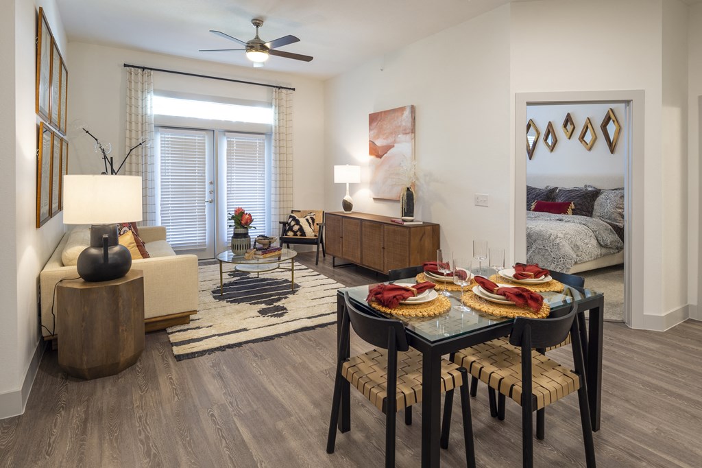 model apartment living room and dining area