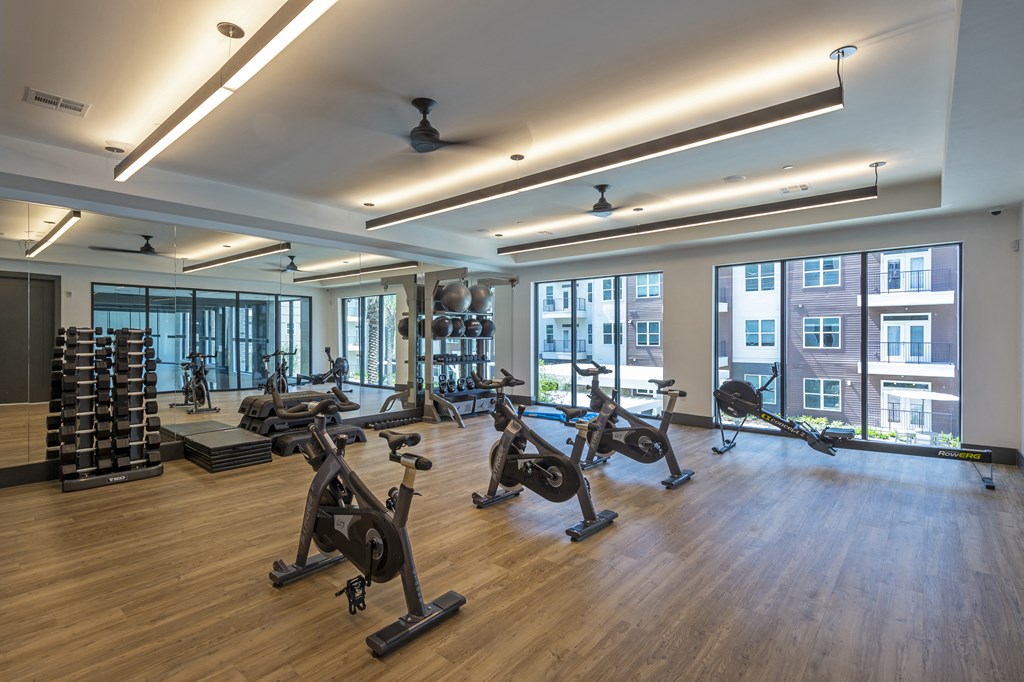 a gym with exercise bikes and windows in a building