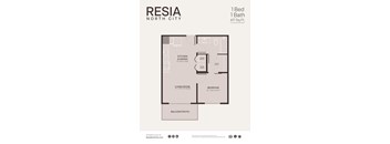 A floor plan for a 1 Bed 1 Bath apartment at Resia North City.