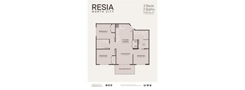 A floor plan for a 3 bedroom, 2 bathroom apartment in Resia North City.