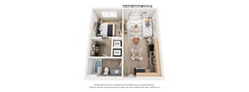 A 3D floor plan of a small apartment with a kitchen, living room, and bedroom.