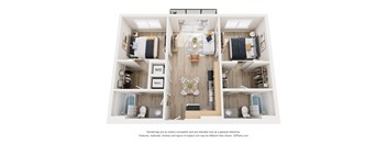 A 3D floor plan of a small apartment with a kitchen, living room, and two bedrooms.
