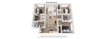A 3D floor plan of a small apartment with a kitchen, living room, and two bedrooms.