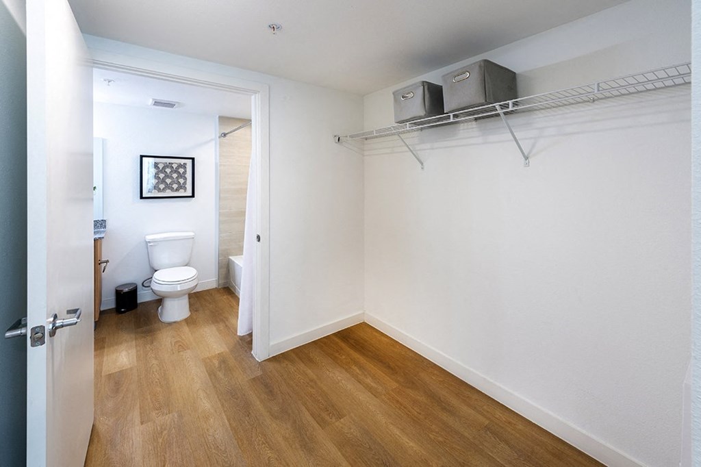 a bathroom with a toilet and a tv in a room with a closet
