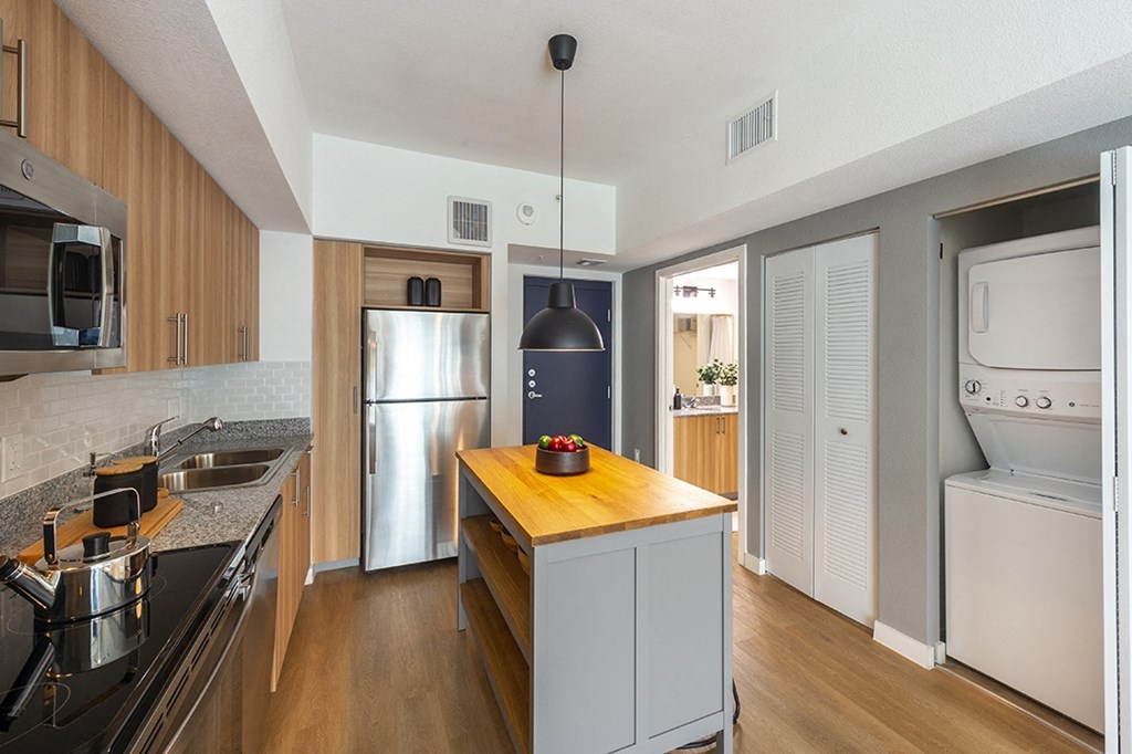 a kitchen with stainless steel appliances and a wooden counter top
