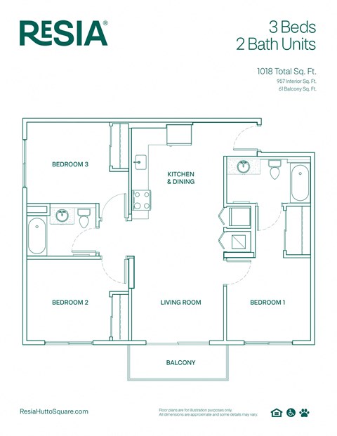 a floor plan of two baths with 2 beds and a closet