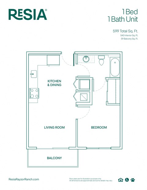 a floor plan of a 1 bedroom unit at rssa