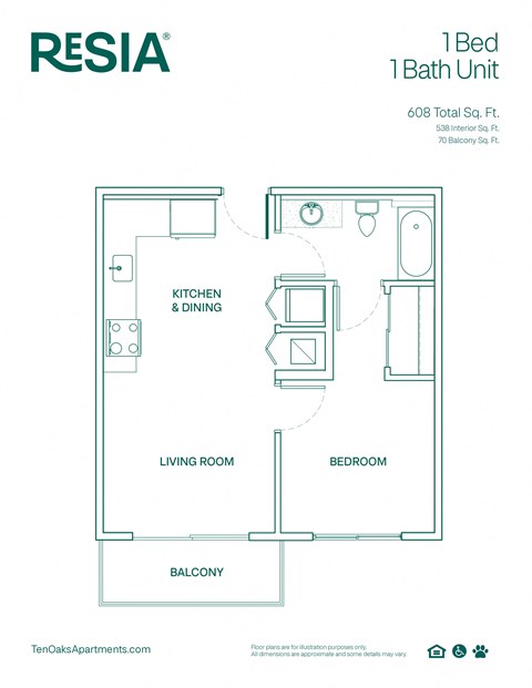 a floor plan of a 1 bed unit with a bathroom and a bedroom