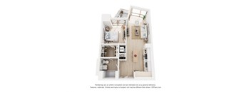 A 3D floor plan of a small apartment with a kitchen, living room, and bedroom.