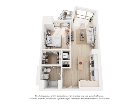 A 3D floor plan of a small apartment with a kitchen, living room, and bedroom.