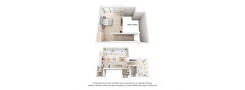 A floor plan of a two-story apartment with a living room, kitchen, and bedrooms.