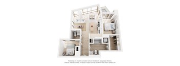 A 3D floor plan of a house with a kitchen, living room, and bedrooms.