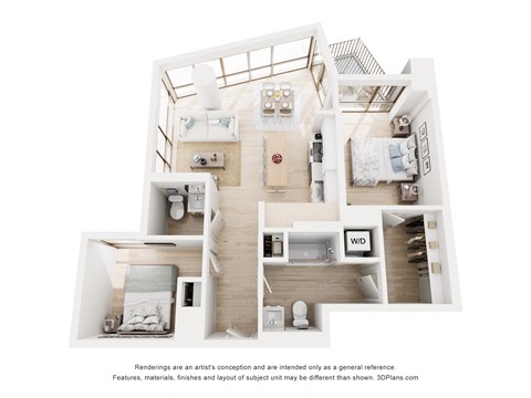 A 3D floor plan of a house with a kitchen, living room, and bedrooms.