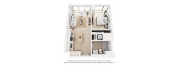 A 3D floor plan of a small apartment with a kitchen, living room, and bedroom.