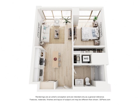 A 3D floor plan of a small apartment with a kitchen, living room, and bedroom.