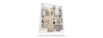 A 3D floor plan of a small apartment with a kitchen, living room, and two bedrooms.