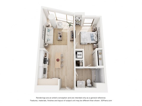 A 3D floor plan of a small apartment with a kitchen, living room, and two bedrooms.