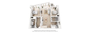 A 3D floor plan of a small apartment with two bedrooms, a living room, and a kitchen.