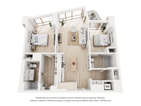 A 3D floor plan of a small apartment with two bedrooms, a living room, and a kitchen.