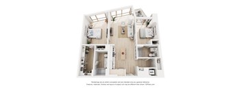 A 3D floor plan of a small apartment with a kitchen, living room, and two bedrooms.
