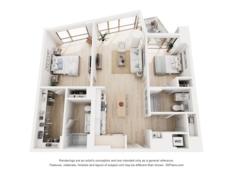 A 3D floor plan of a small apartment with a kitchen, living room, and two bedrooms.