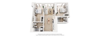A 3D floor plan of a house with two bedrooms, a living room, a kitchen, and a bathroom.