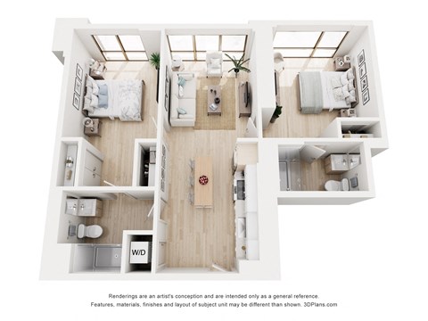 A 3D floor plan of a house with two bedrooms, a living room, a kitchen, and a bathroom.