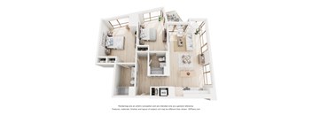 A 3D floor plan of a house with a kitchen, living room, and two bedrooms.