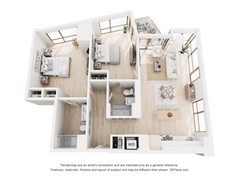 A 3D floor plan of a house with a kitchen, living room, and two bedrooms.