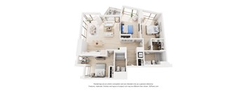 A 3D floor plan of a house with a kitchen, living room, bedrooms and bathrooms.