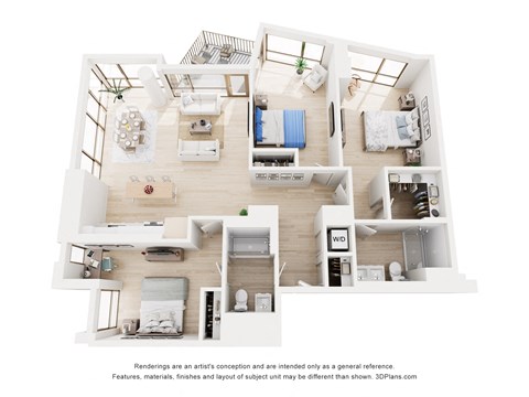 A 3D floor plan of a house with a kitchen, living room, bedrooms and bathrooms.