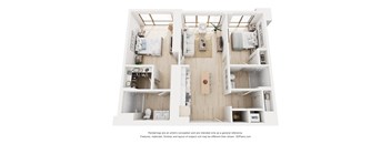 A 3D floor plan of a small apartment with two bedrooms and a living area.