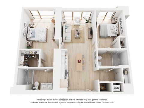 A 3D floor plan of a small apartment with two bedrooms and a living area.