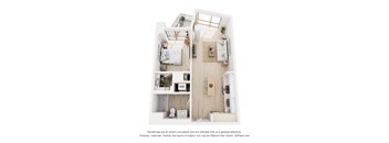 A 3D floor plan of a small apartment with a kitchen, living room, and bathroom.