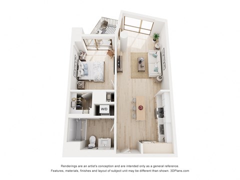 A 3D floor plan of a small apartment with a kitchen, living room, and bathroom.