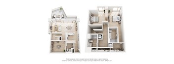 Two images of a house layout with a kitchen, living room, and bedrooms.