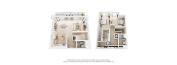 A floor plan of a two-bedroom apartment with a living room, kitchen, and bathroom.