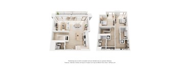 Two images of a white room with furniture and a note about the renderings being a reference and not an actual representation.