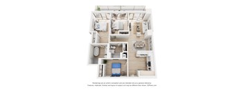 A 3D floor plan of a house with a kitchen, living room, and bedrooms.
