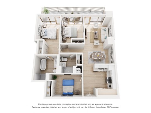 A 3D floor plan of a house with a kitchen, living room, and bedrooms.