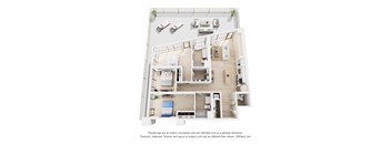 A 3D floor plan of a house with a kitchen, living room, and two bedrooms.