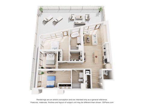A 3D floor plan of a house with a kitchen, living room, and two bedrooms.