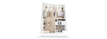 A 3D floor plan of a small apartment with a kitchen, living room, and bedroom.