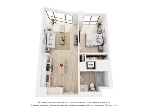 A 3D floor plan of a small apartment with a kitchen, living room, and bedroom.