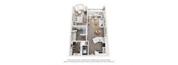 a stylized floor plan with a bedroom and a living room