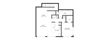 A floor plan of a house with a living room, kitchen, dining room, bedroom, bathroom, and storage.