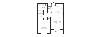 A floor plan of a small apartment with a bedroom, bathroom, kitchen, living/dining area, and patio.