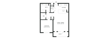 A floor plan of a small apartment with a living room, kitchen, bedroom, bathroom, and patio.