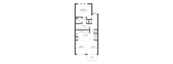 A floor plan of a house with a bedroom, kitchen, living room, and bathroom.